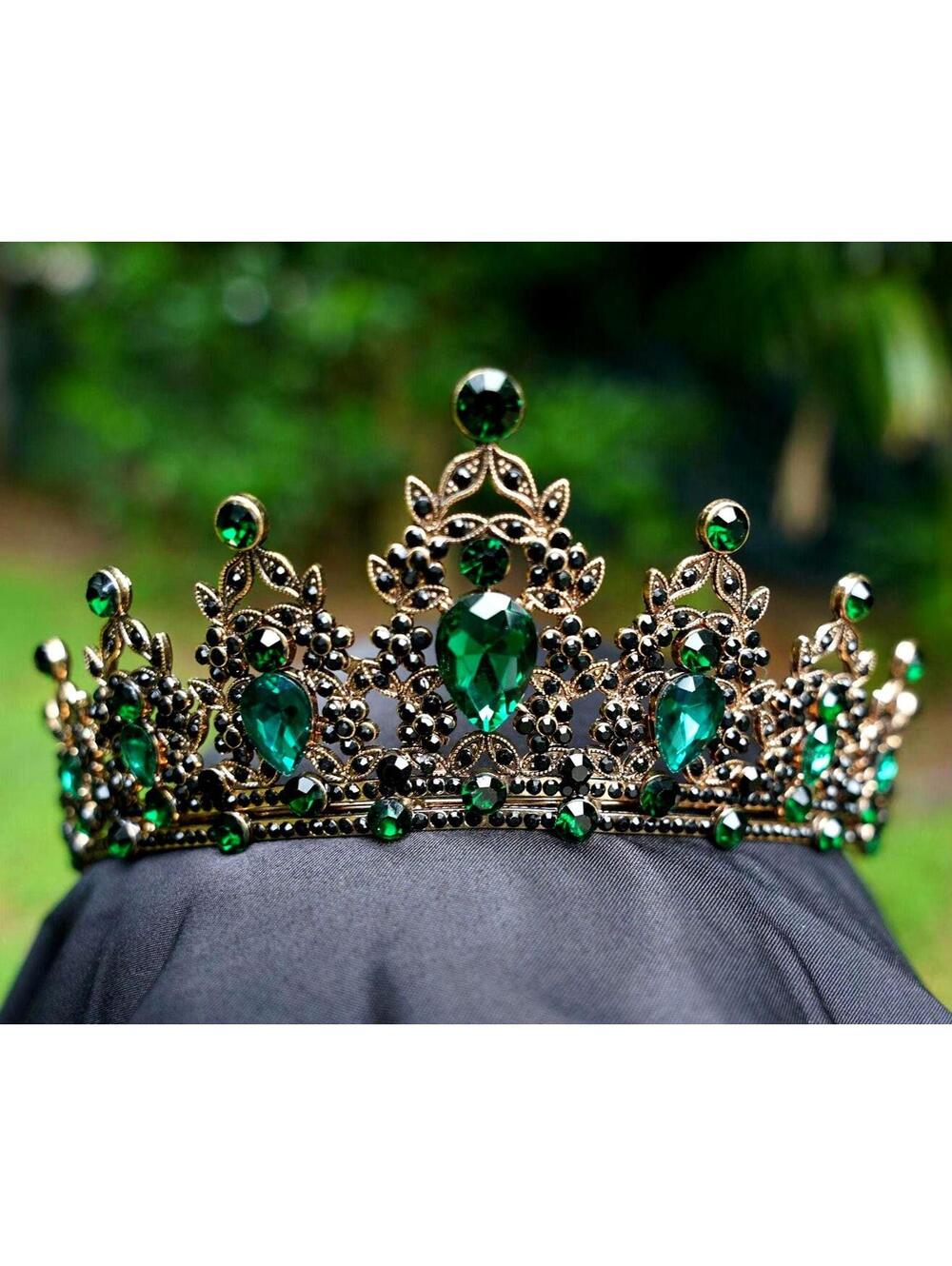 Green Crystal Tiara Bridal Goth Black Crown Birthday Wedding Gift Diadem Vintage